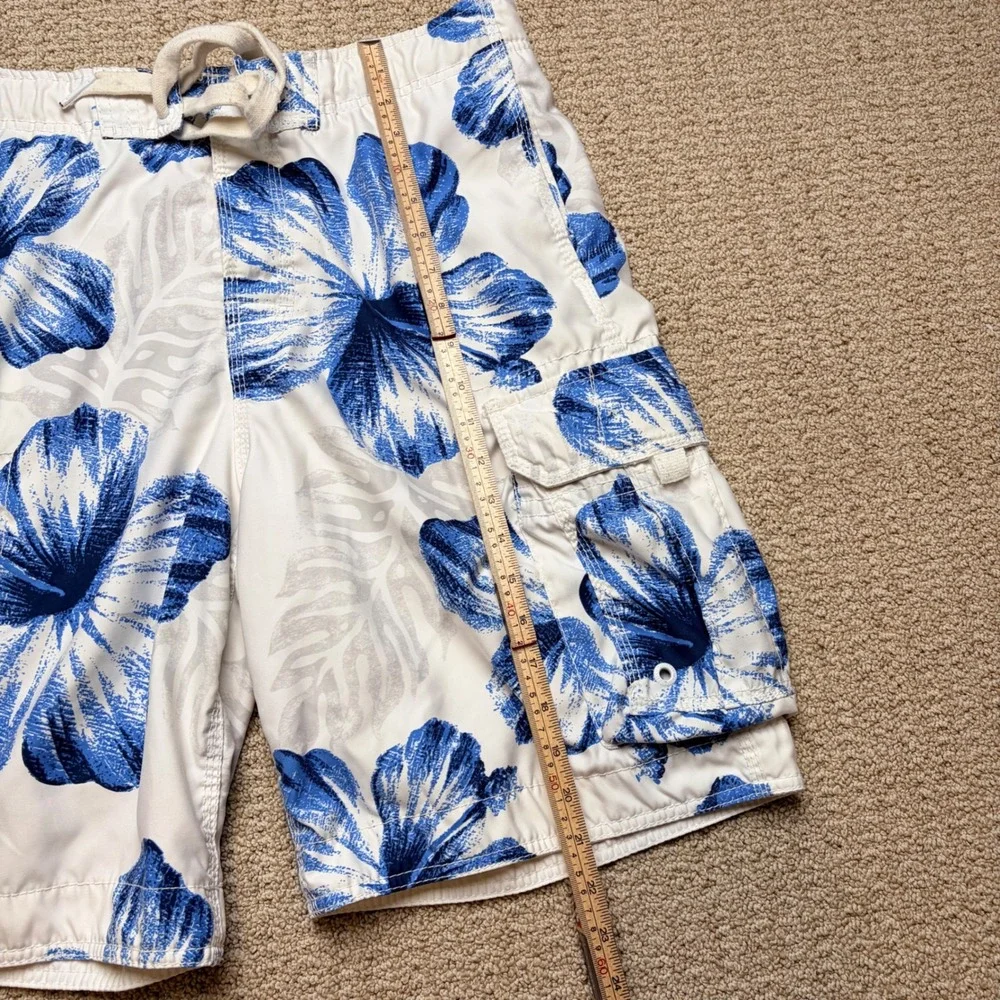 Y2K Abercrombie & Fitch Mens M Blue White Hibiscus Floral Cargo Board Shorts